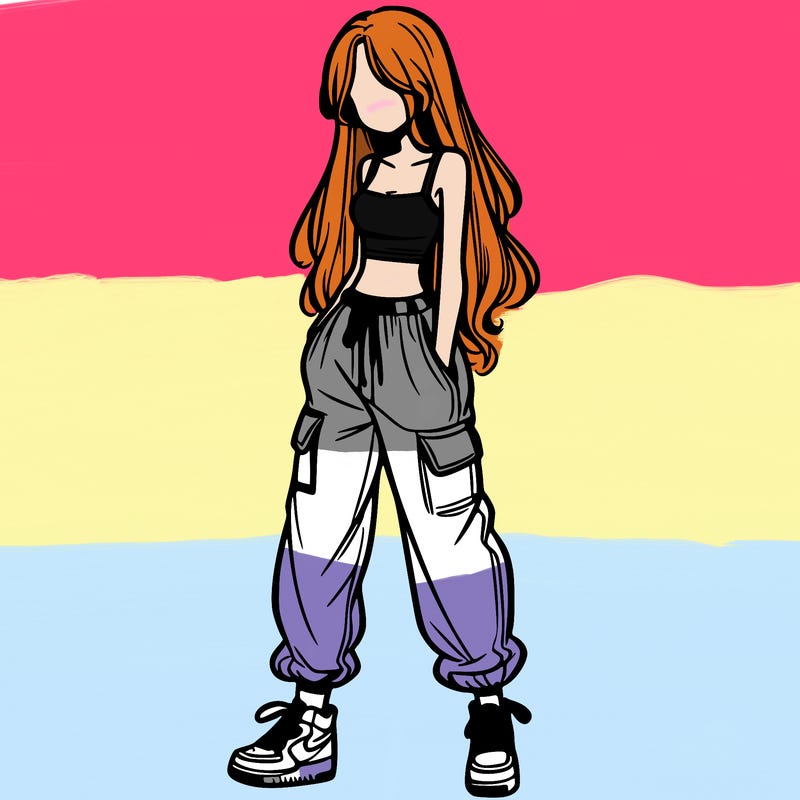 girl in baggy pants crop top and long hair
