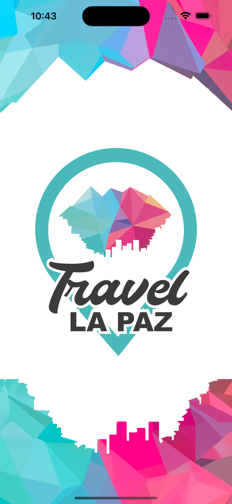 Travel La Paz - Travel La Paz 모바일 앱의 스플래시 화면, 위치 핀 로고와 다채로운 기하학적 패턴 포함