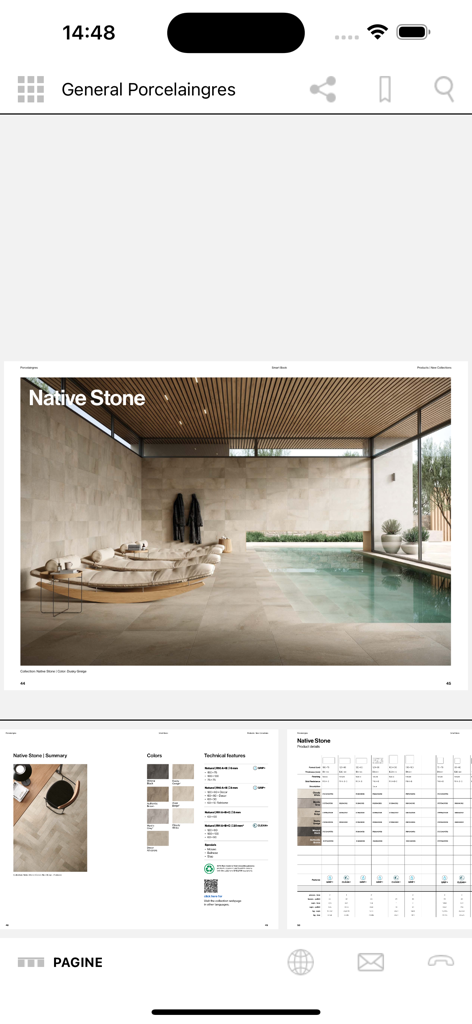 Porcelaingres - Digital catalog page in the Porcelaingres app showcasing the Native Stone ceramic collection and technical specifications