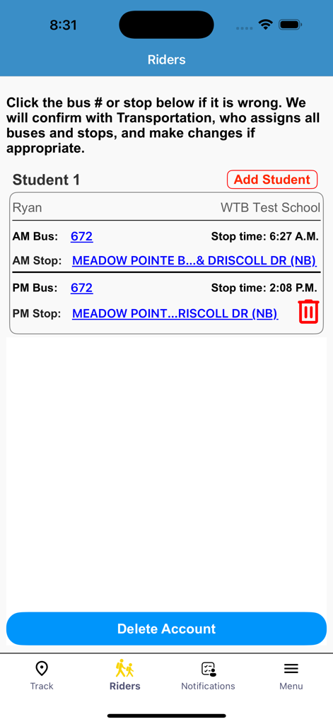 Schermata 'Riders' dell'app WheresTheBus che mostra il nome di uno studente con numeri di autobus mattutini e pomeridiani e orari di fermata