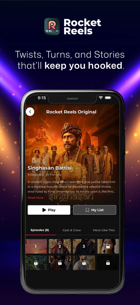 Smartphone screen displaying the Rocket Reels original drama series Singhasan Battisi with play button and episode list