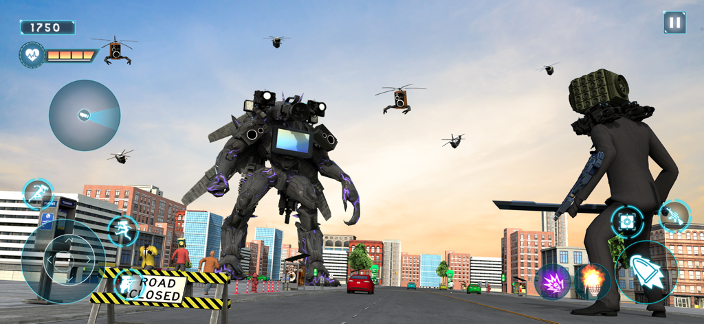 Toilet Rope Monster Game 3D - Camera hero facing a giant robotic monster in an open world city street battle