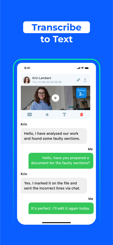 Interface do aplicativo AI Note Taker Flick mostrando uma gravação de vídeo convertida em uma transcrição de texto da conversa