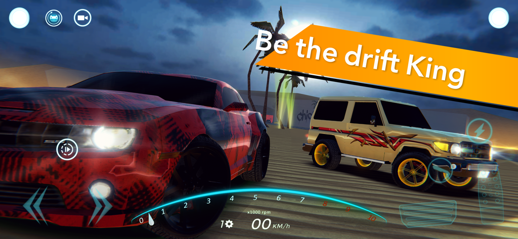 Gameplay of Gomat Drift and Drag Racing featuring customized cars and the text Be the drift King