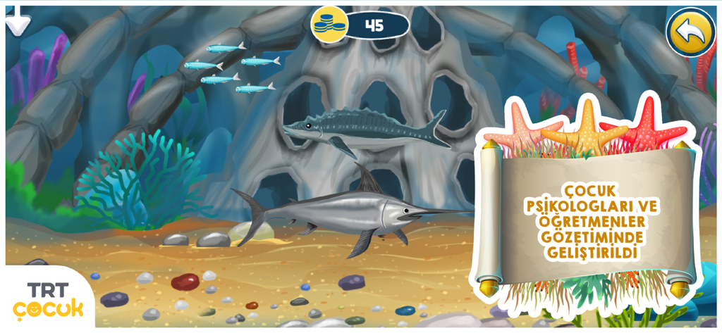 TRT Su Altı Kaşifi - TRT Underwater Explorer game screen with fish and educational scroll