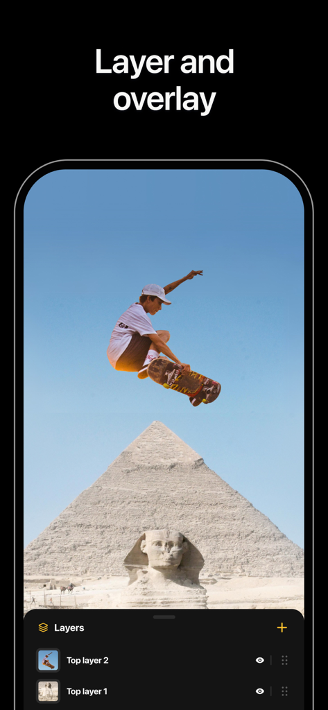 Blend: Combine Photo Layers - Interface of Blend app showing photo layering and overlay feature with a skateboarder over pyramids