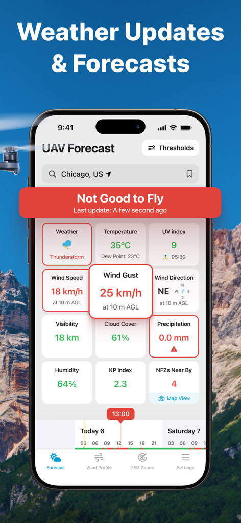 DroneWX UAV Weather Forecast - DroneWX app interface showing real-time weather updates and flight safety status for drone pilots.
