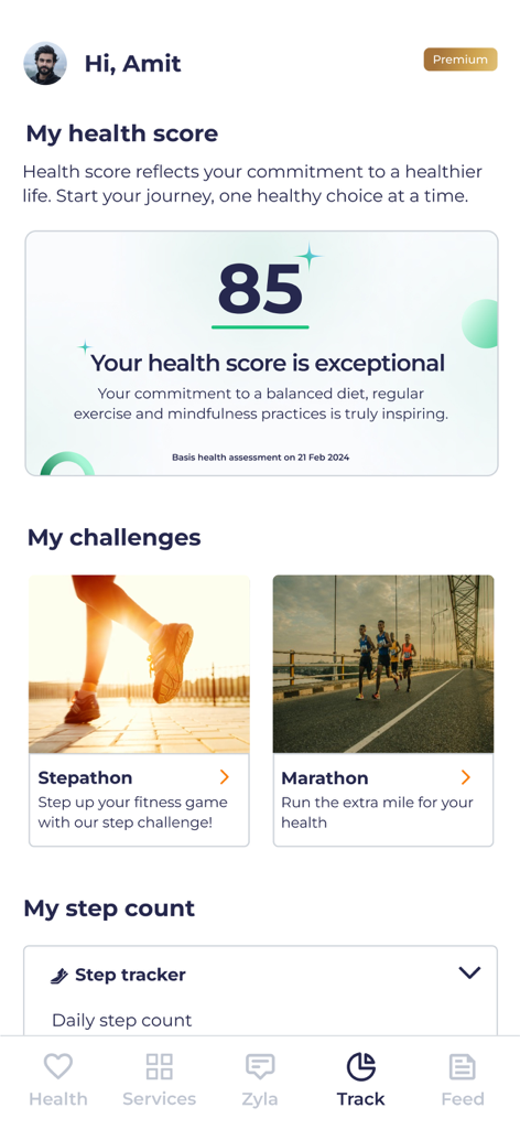 Zyla App-Benutzer-Dashboard mit einer Gesundheitsbewertung von 85, Fitness-Challenges und einem Schrittzähler