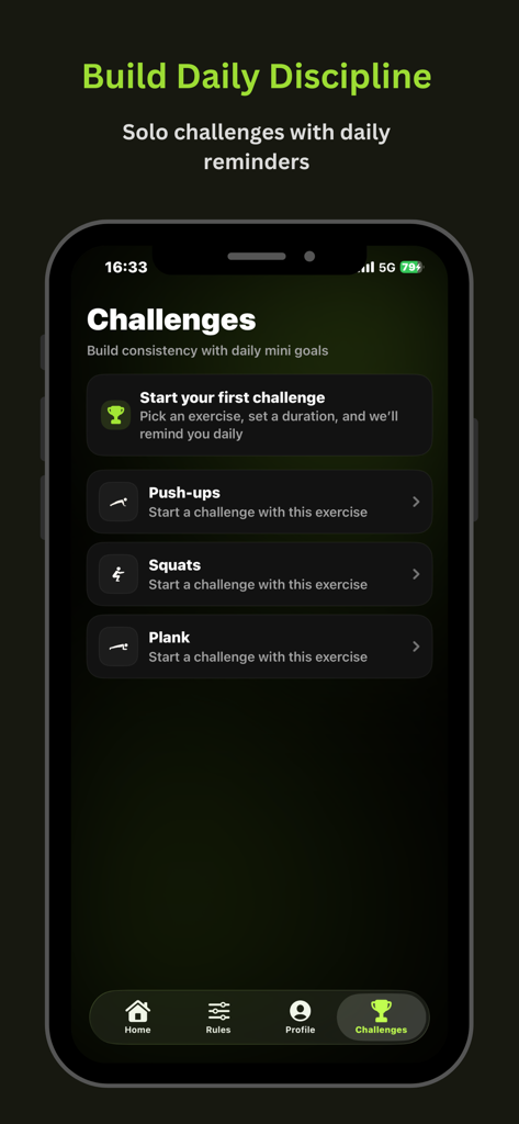 LockFit mobile app challenges interface showing daily exercise goals for push ups squats and planks
