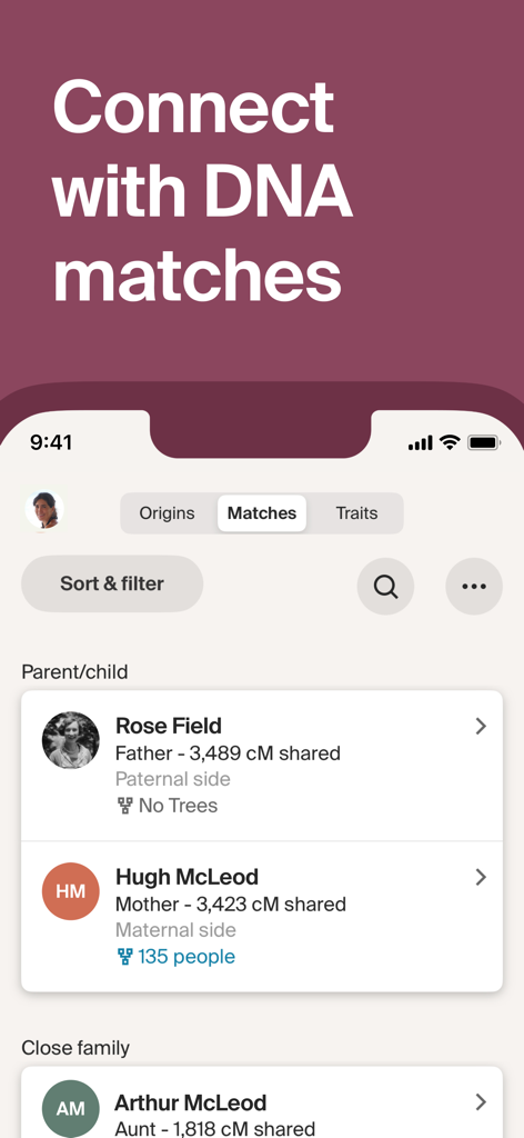 Ancestry: Family History & DNA - Ancestry app interface showing DNA matches with relationship categories and shared centimorgan data.