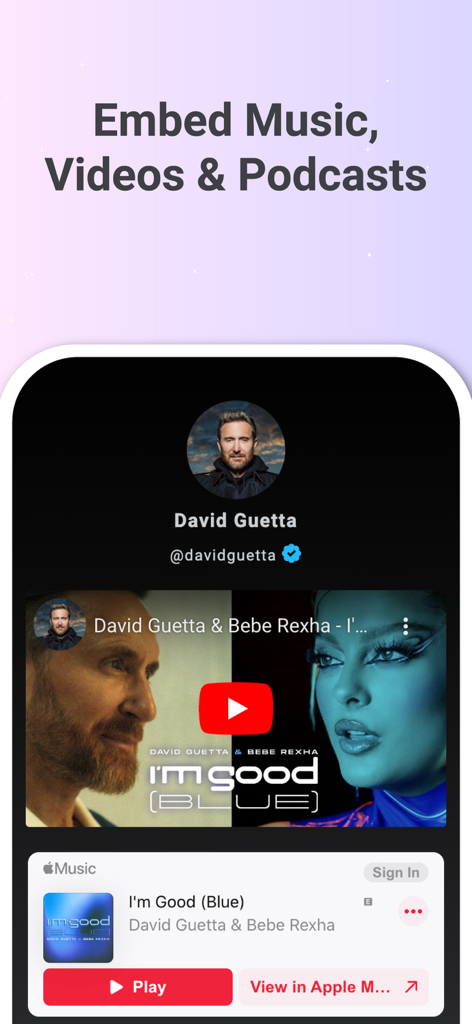 Lnk.Bio - Link in bio - A mobile interface of Lnk.Bio showing embedded YouTube video and Apple Music track on a professional creator profile
