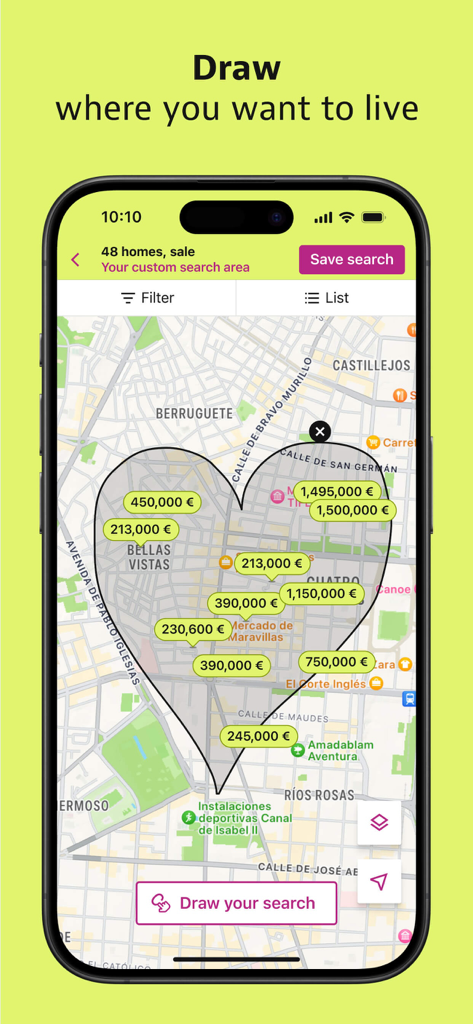 Idealista app interface showing a heart-shaped custom search area on a city map with property prices