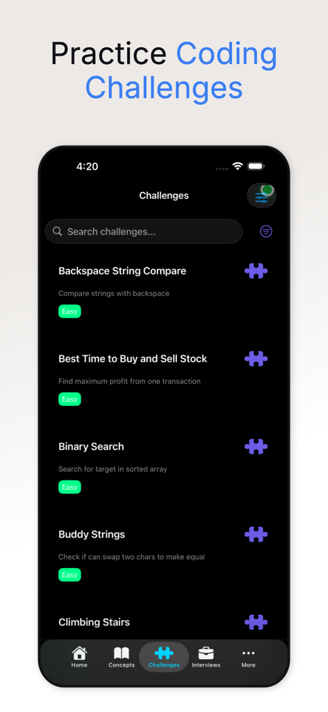 DSA Master - Data & Algorithms - DSA Master 앱의 쉬운 코딩 도전 과제 목록.