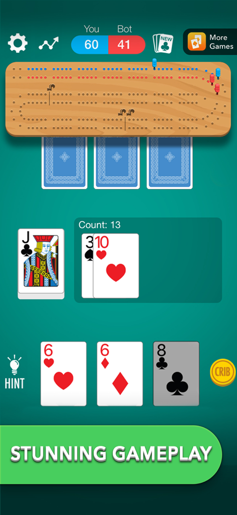 Cribbage card game - Una pantalla de juego móvil de un partido de cribbage con cartas grandes y un tablero de puntuación de madera.
