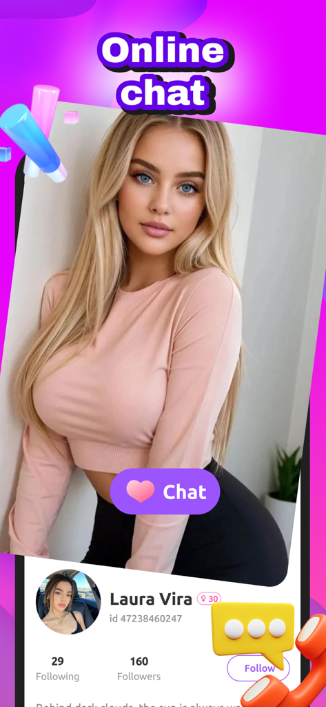 Taggo - Video Call, Happy Chat - A screenshot of the Taggo mobile app interface showing a user profile for online chat with a pink heart chat button