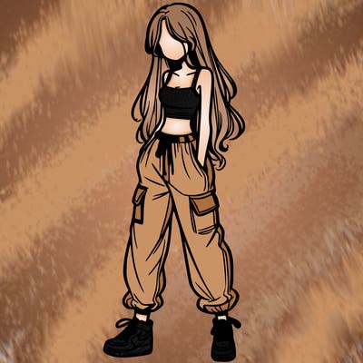 girl in baggy pants crop top and long hair