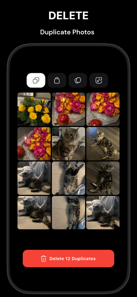 Photokit: Photo Gallery - Photokit app screen showing the duplicate photo removal feature with a grid of images and a delete button
