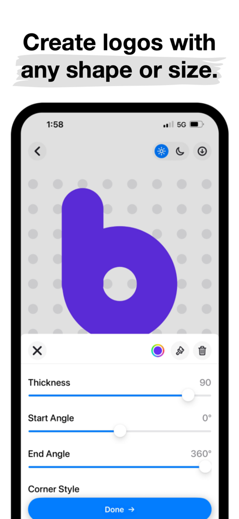 EasyLogo: Quick Logo Maker - Interface de l'application EasyLogo pour la création de logos personnalisés avec des outils de grille et de forme