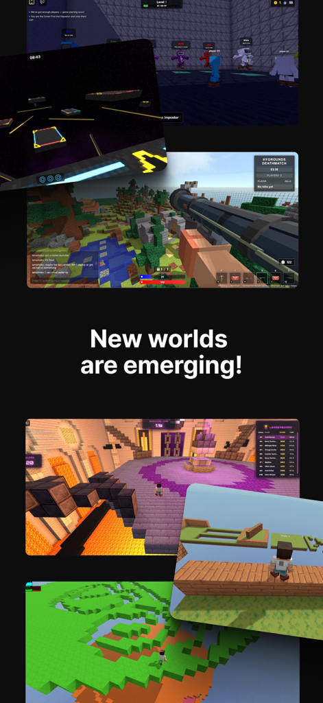 HYTOPIA: Friends & Family Fun - Collage of different blocky mini games in HYTOPIA featuring parkour and first person combat