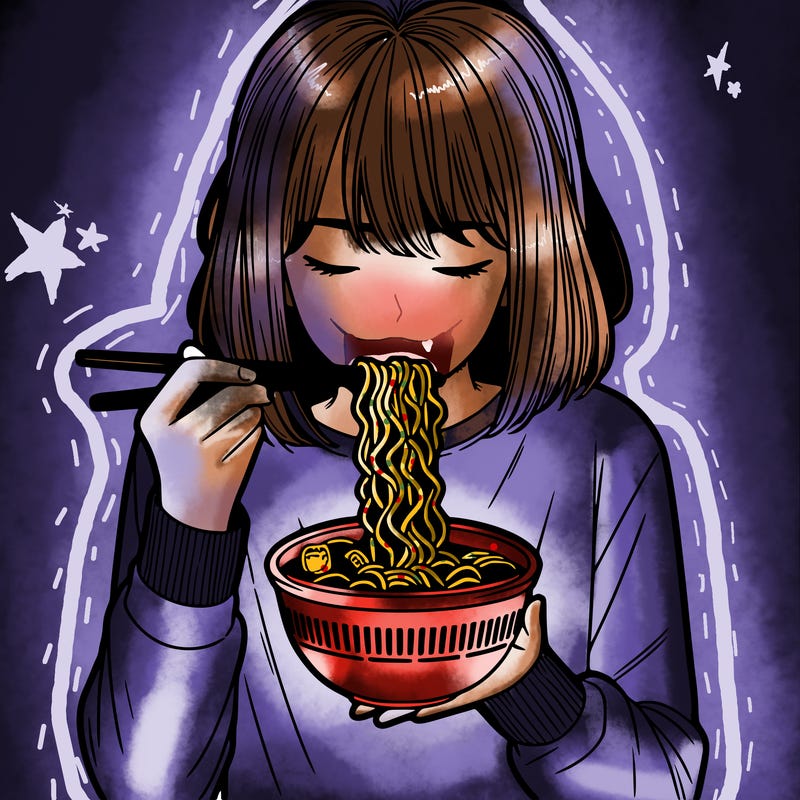 a girl realistic eating ramen noodles