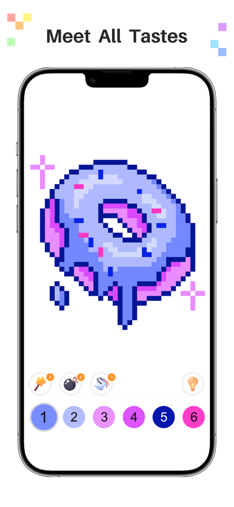 Pixel Color - Art By Numbers - A mobile phone displaying a pixel art donut with purple icing and sprinkles in a color by number app.