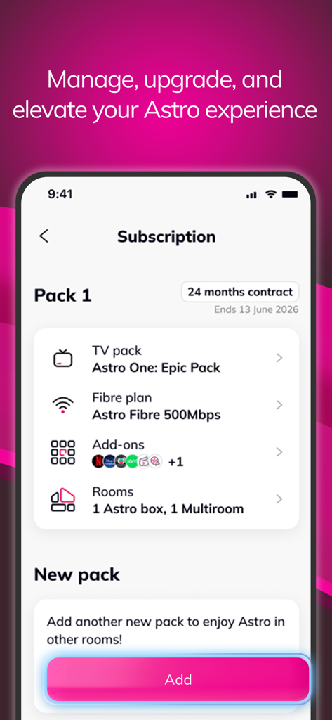 Interface de l'application My Astro montrant les détails de l'abonnement, y compris le pack TV et les informations du plan fibre.