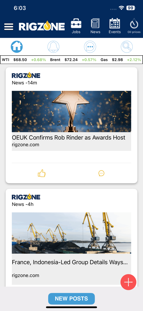 Screenshot of the Rigzone app home screen featuring industry news articles and real-time oil price ticker.