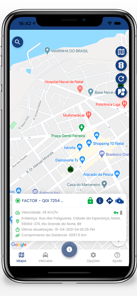 Local Tracker mobile app interface displaying real-time vehicle GPS location and status details on a map.