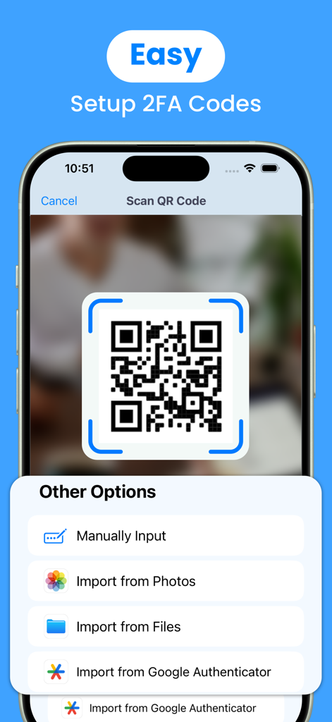 Authenticator App · 2FA - Authenticator app interface showing QR code scanning and account import options for easy 2FA setup