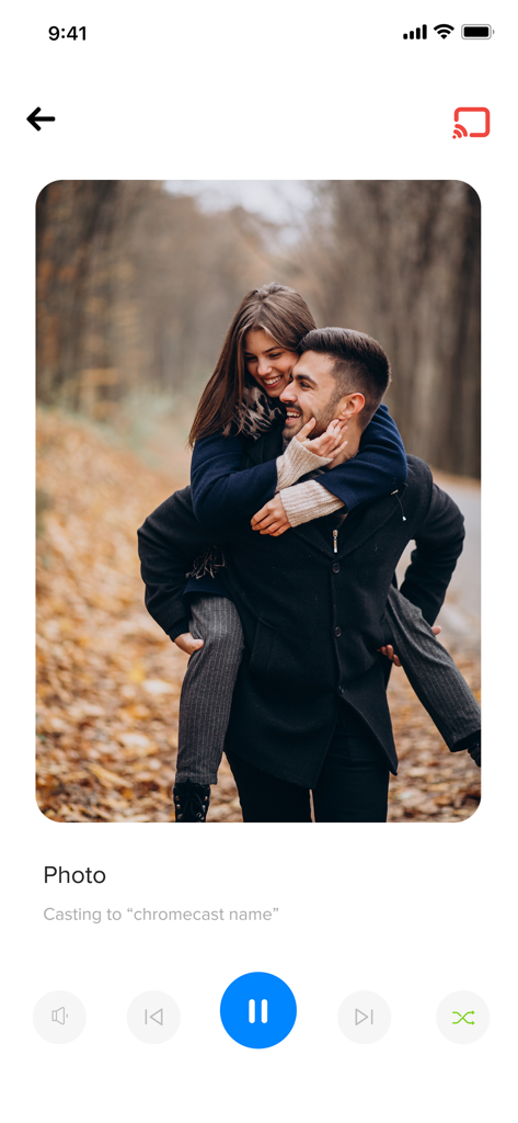 TV Cast for Google Chromecast - Interface do aplicativo TV Cast mostrando uma foto sendo transmitida de um iPhone para um dispositivo Chromecast.