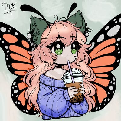 a realistic butterfly/furry girl drinking boba