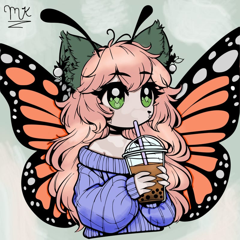 a realistic butterfly/furry girl drinking boba