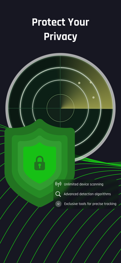 Spy Camera Detector : GR8 - Interfaz de la aplicación que muestra un escáner de radar y un escudo verde para la protección de la privacidad y la detección de dispositivos ocultos
