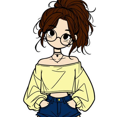 girl with a messy ponytail glasses a baggy crop top and jean shorts