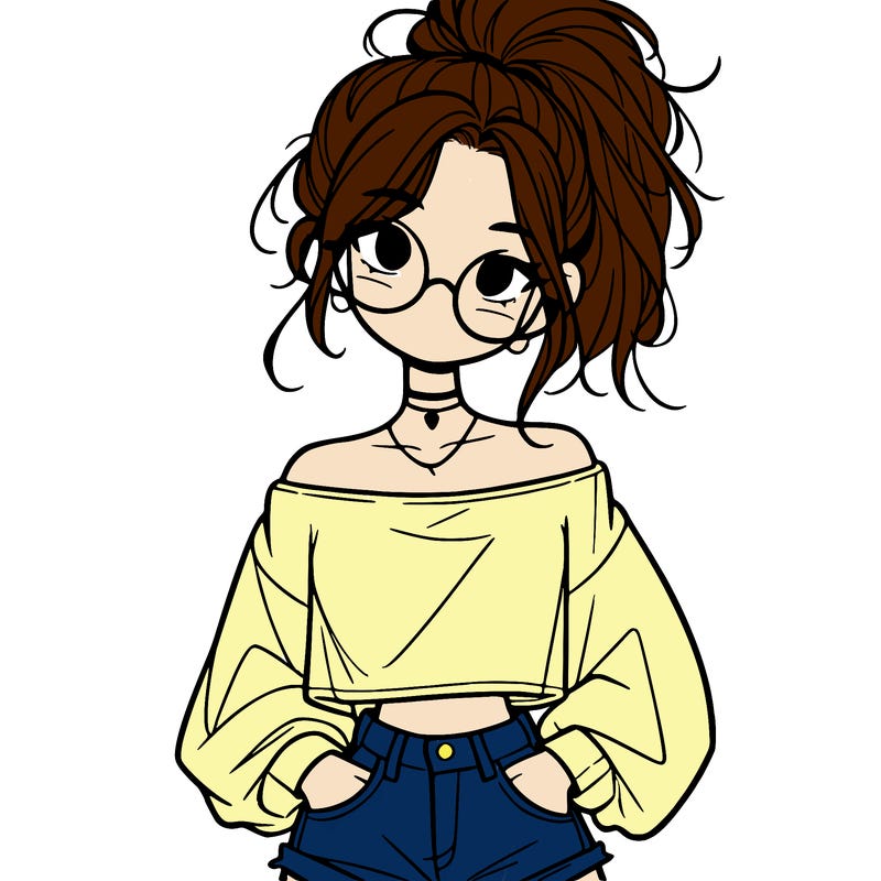 girl with a messy ponytail glasses a baggy crop top and jean shorts