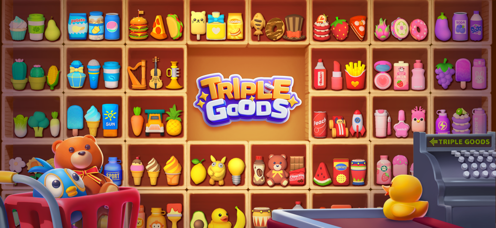 Triple Goods- Match 3D Game - A variety of colorful 3D items organized on wooden shelves in the Triple Goods sorting game