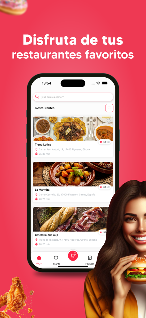 GiGi Food: Super, Comida Y Más - GiGi Food app interface showing a list of favorite local restaurants in Spanish