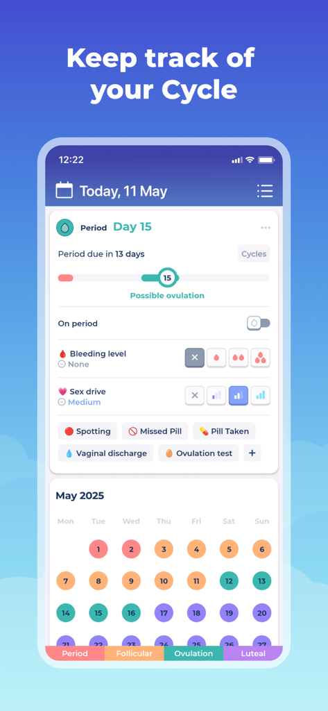 Bearable app interface showing menstrual cycle tracking with period logs and a monthly phase calendar.