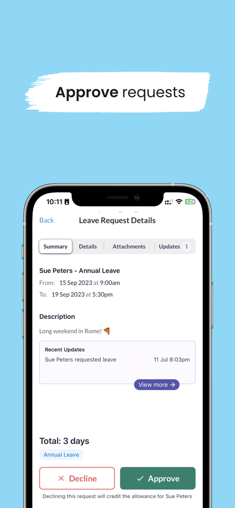 Una schermata mobile che mostra il processo di approvazione di una richiesta di ferie annuali nell'app Leave Dates