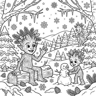Discover a heartwarming winter scene where adorable Wood Trolls play amidst falling snowflakes and snow-covered trees. This delightful page offers endless creative possibilities for coloring enthusiasts of all ages.
