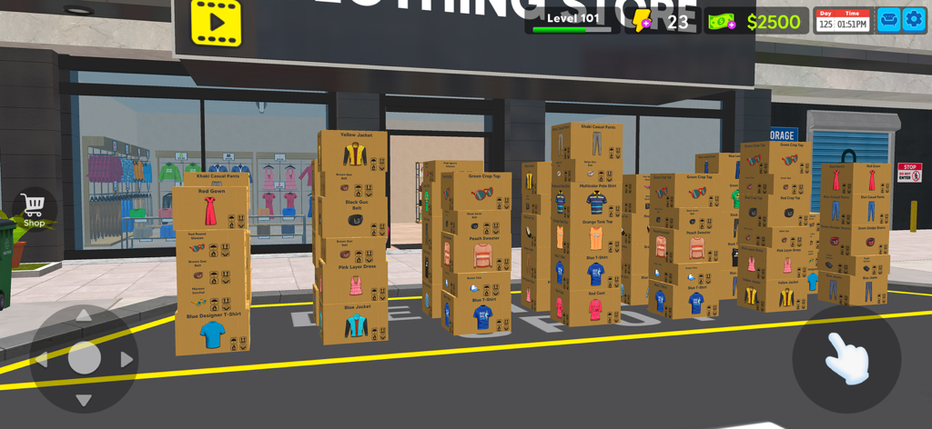 Garments Wear - Manage A Shop - Pilas de cajas de ropa para entrega de inventario fuera del escaparate de la tienda.