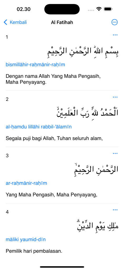 AlQuran 30 Juz Tanpa Internet - Screenshot of Surah Al Fatihah showing Arabic script, Latin transliteration, and Indonesian translation