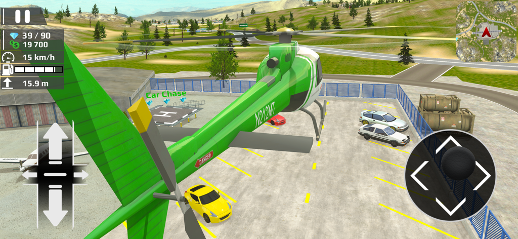 Helicopter Flying: Car Driving - A green helicopter flying over parked cars in an open world game