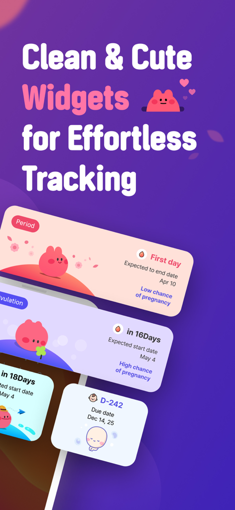 A variety of cute and clean widgets for tracking periods, ovulation, and pregnancy on a purple background.