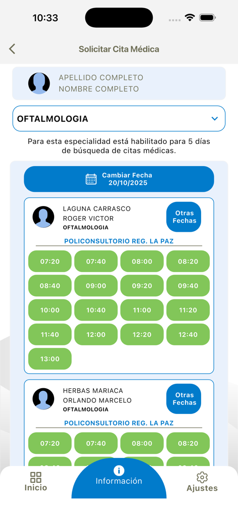 Screenshot of the CSBP Móvil app interface for booking a medical appointment in ophthalmology showing available dates and times