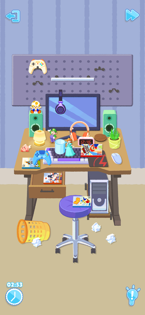 Tidy Up: Perfect Games - A cluttered gaming desk setup with gadgets and trash on the floor in a stylized organization game