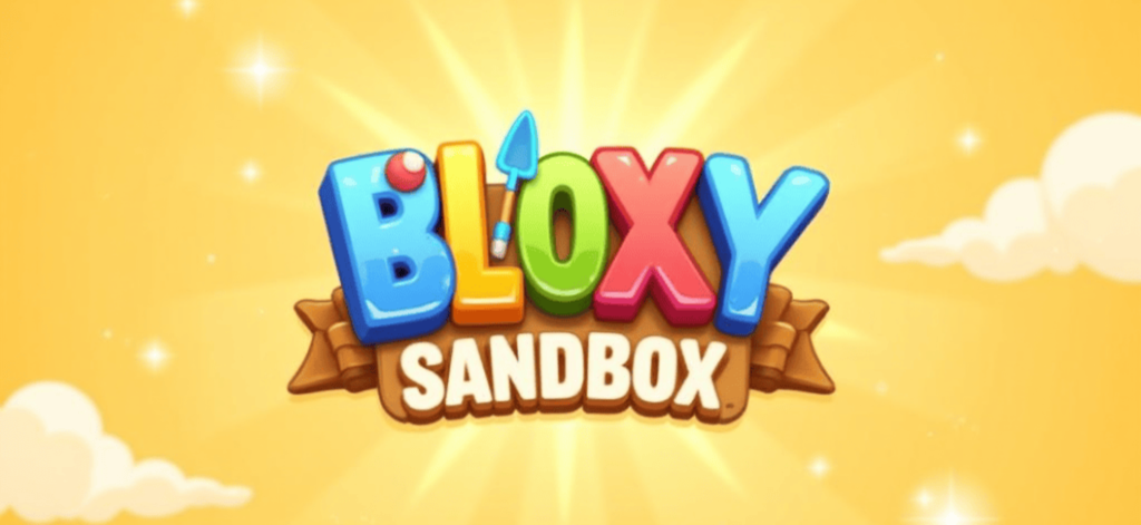 Colorful Bloxy Sandbox game title on a yellow sunburst background with fluffy clouds