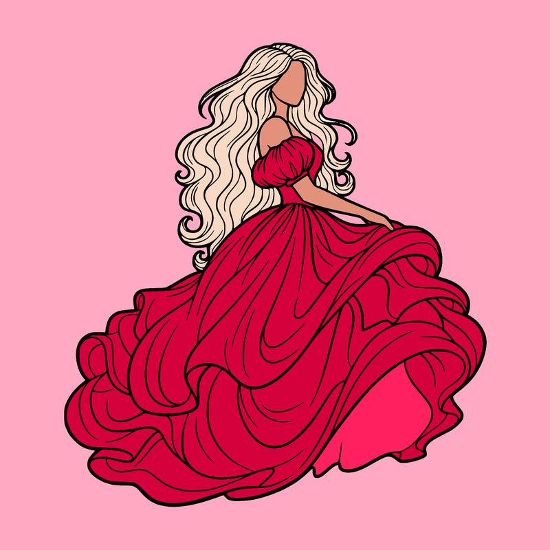 a woman with her hair down in a puffy gown with no face looking to the right