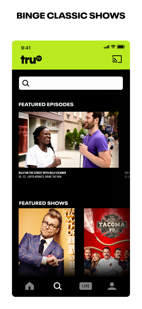 truTV - Interface de l'application mobile truTV présentant des émissions et des épisodes de comédie populaires