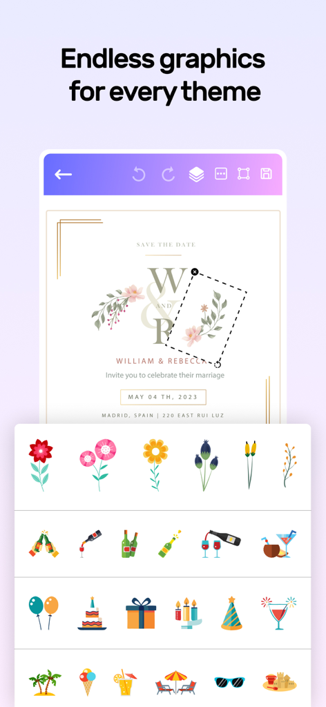 Invitation Card Design Maker - Mobile app interface showing a diverse library of graphics and icons for customizing digital invitation cards